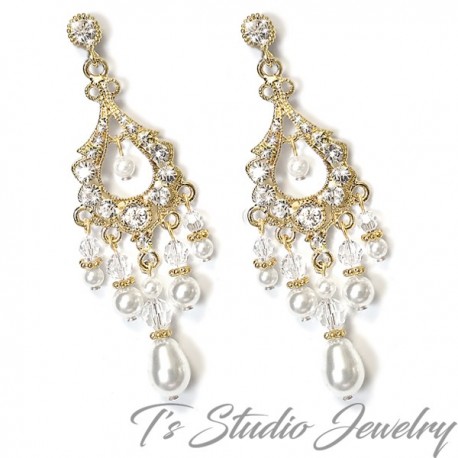 Gold Pearl and Crystal Bridal Chandelier Earrings