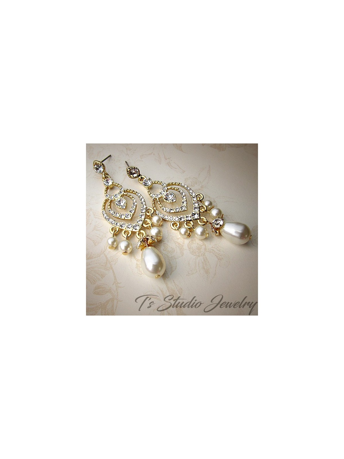 Gold Bridal Earrings with Teardrop Pearls