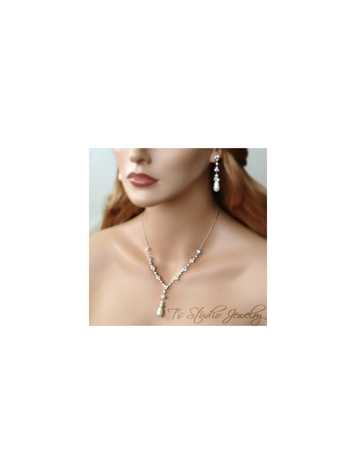 Teardrop Pearl Bridal Necklace and Earrings Set