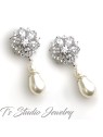 Pearl Bridal Earrings with CZ Crystal Flower