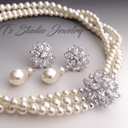 Pearl Bridal CZ Necklace & Earrings Set