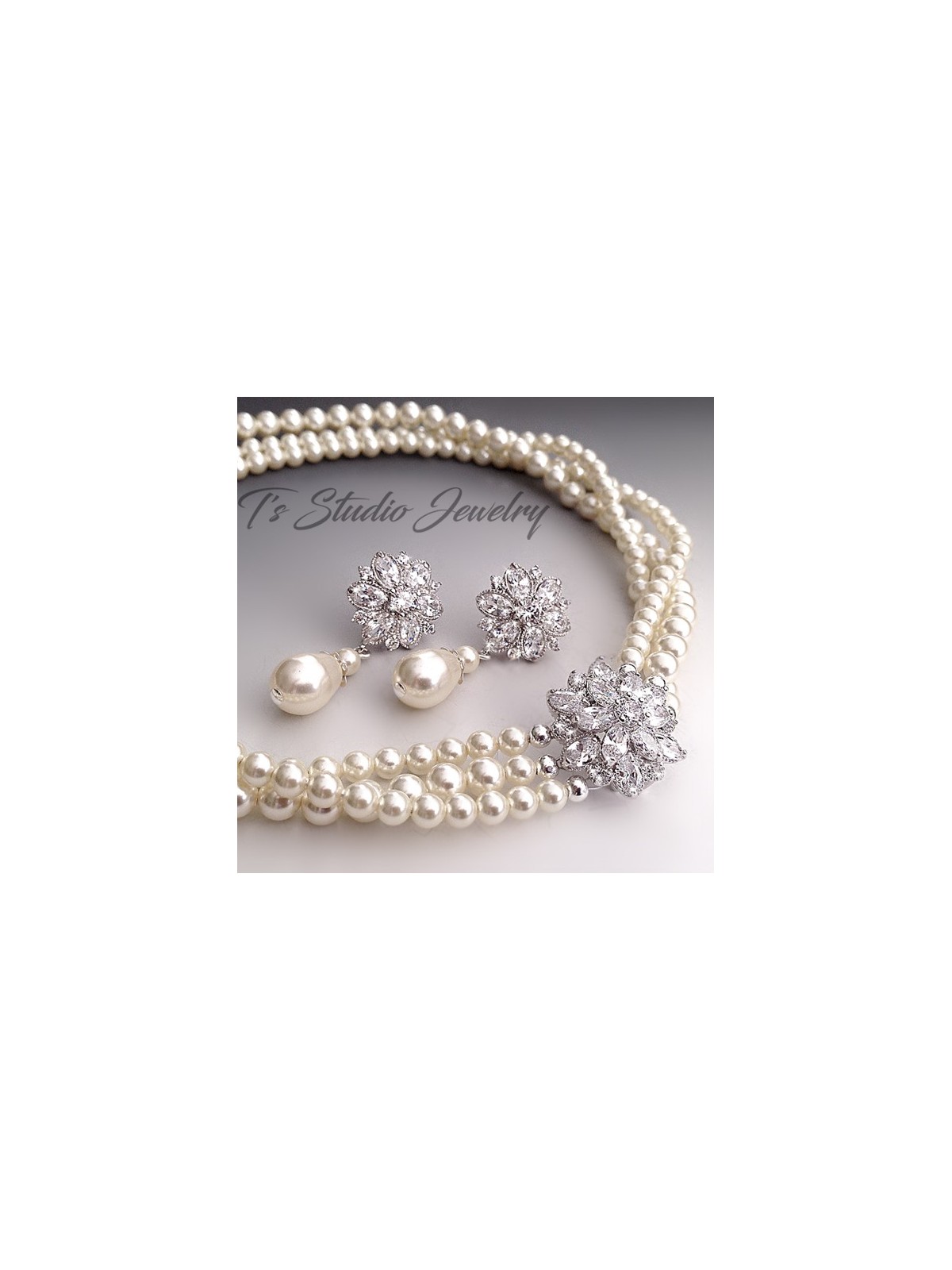 Pearl Bridal Necklace with Crystal Flower Accent