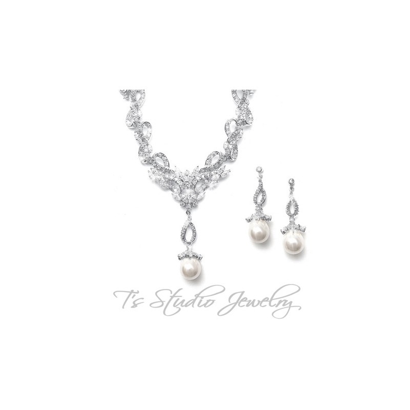CZ Cubic Zirconia Pave Necklace and Earrings Set