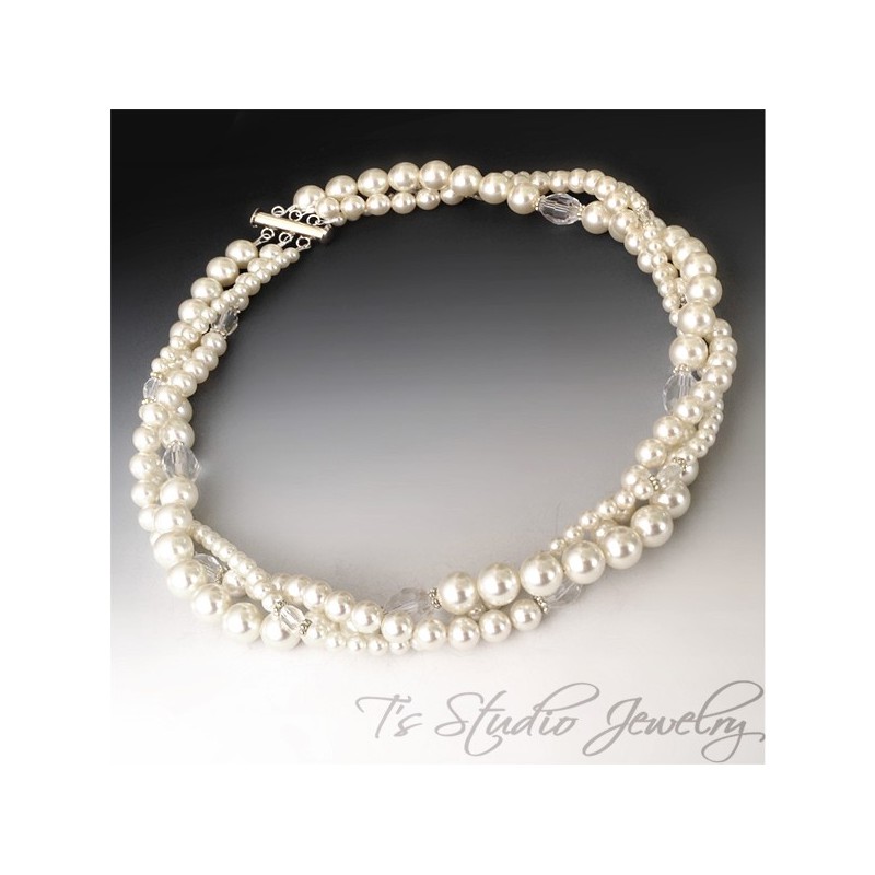 3-Strand Pearl & Crystal Bridal Necklace 3-Strand Pearl & Crystal Bridal Necklace
