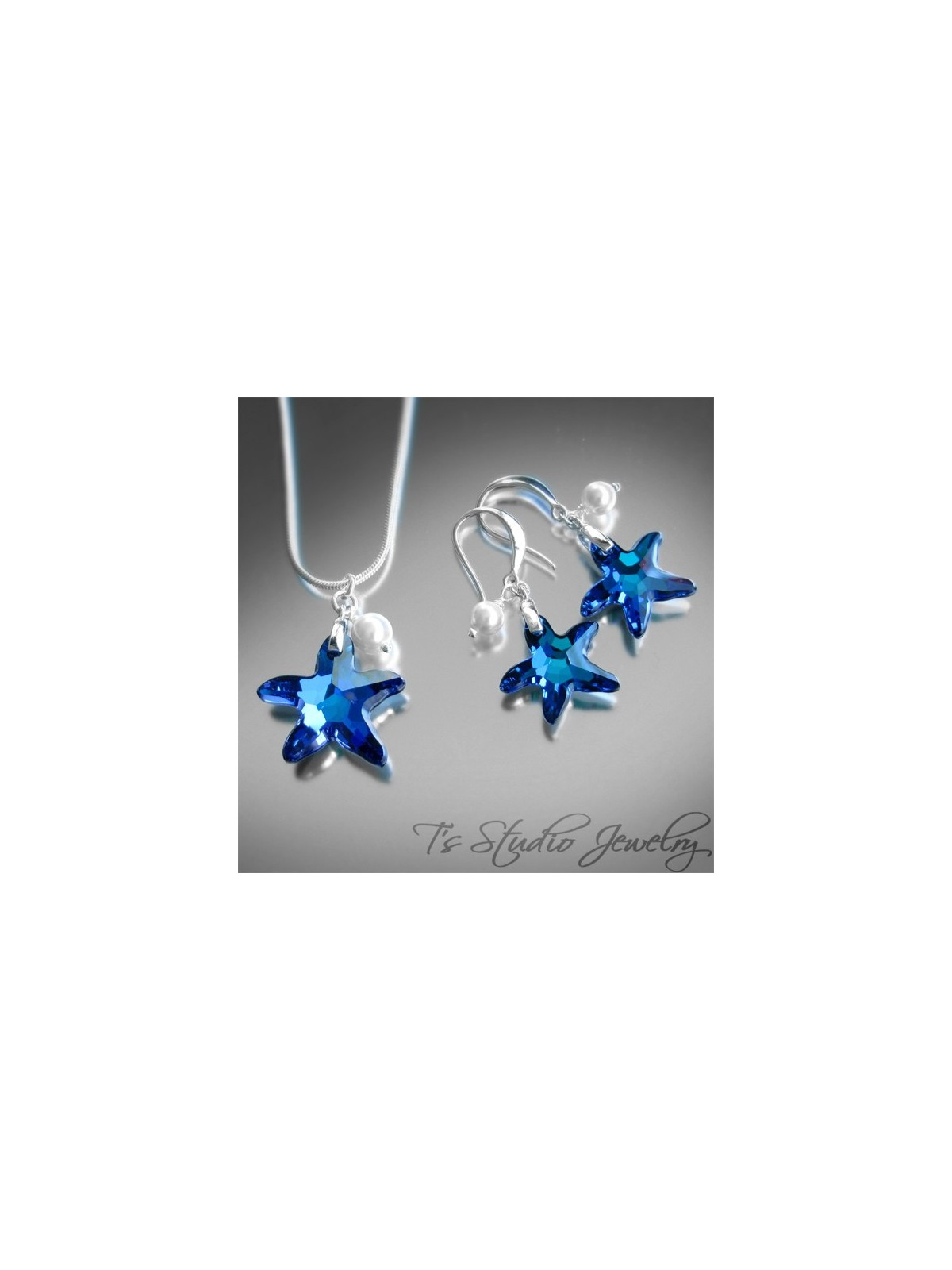 Blue Crystal Starfish Bridesmaid Necklace Earrings Set