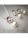 Pearl & Silver Flower Necklace and Earring Set