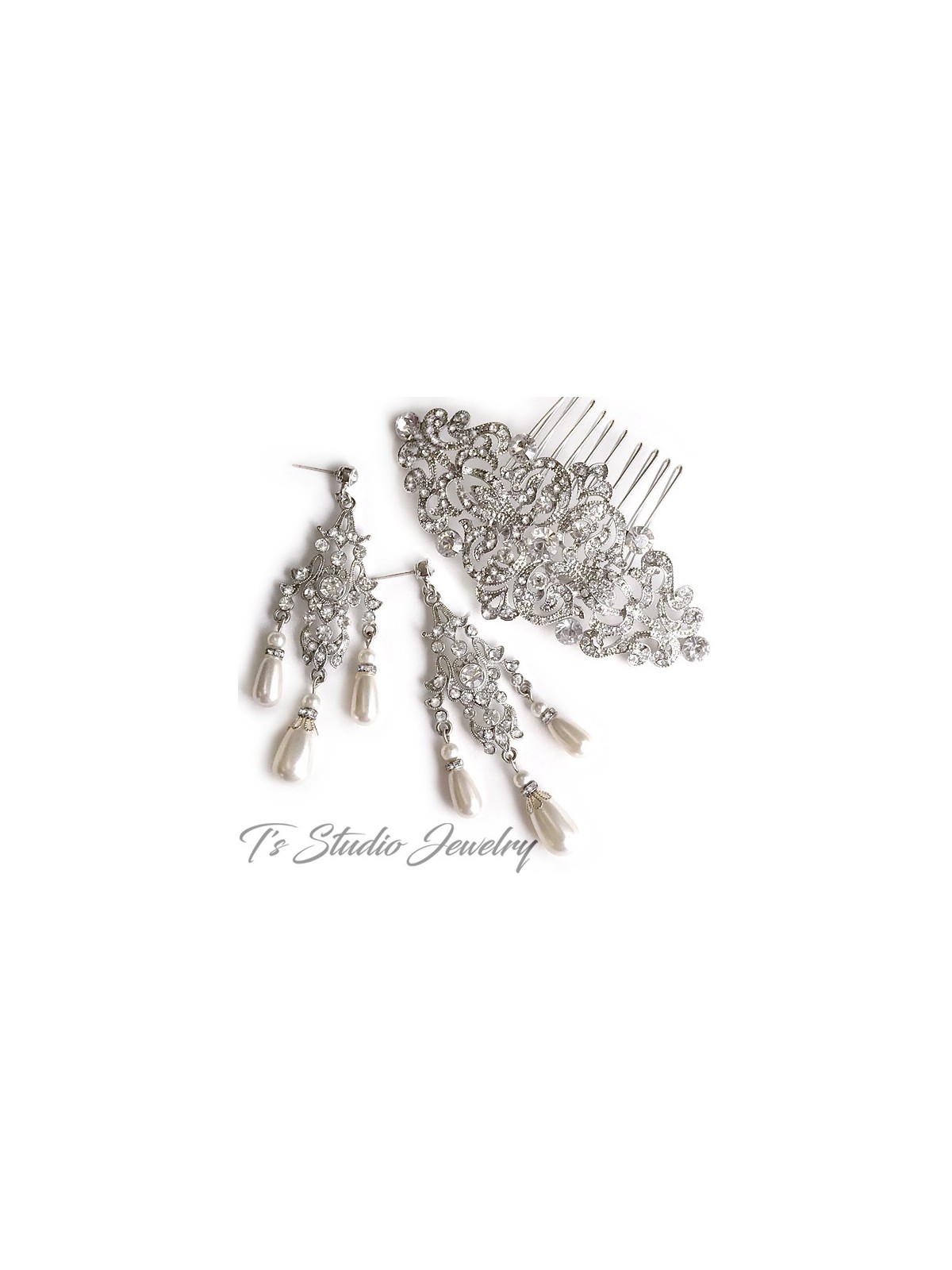 Vintage Style Rhinestone Crystal and Pearl Chandelier Bridal Earrings