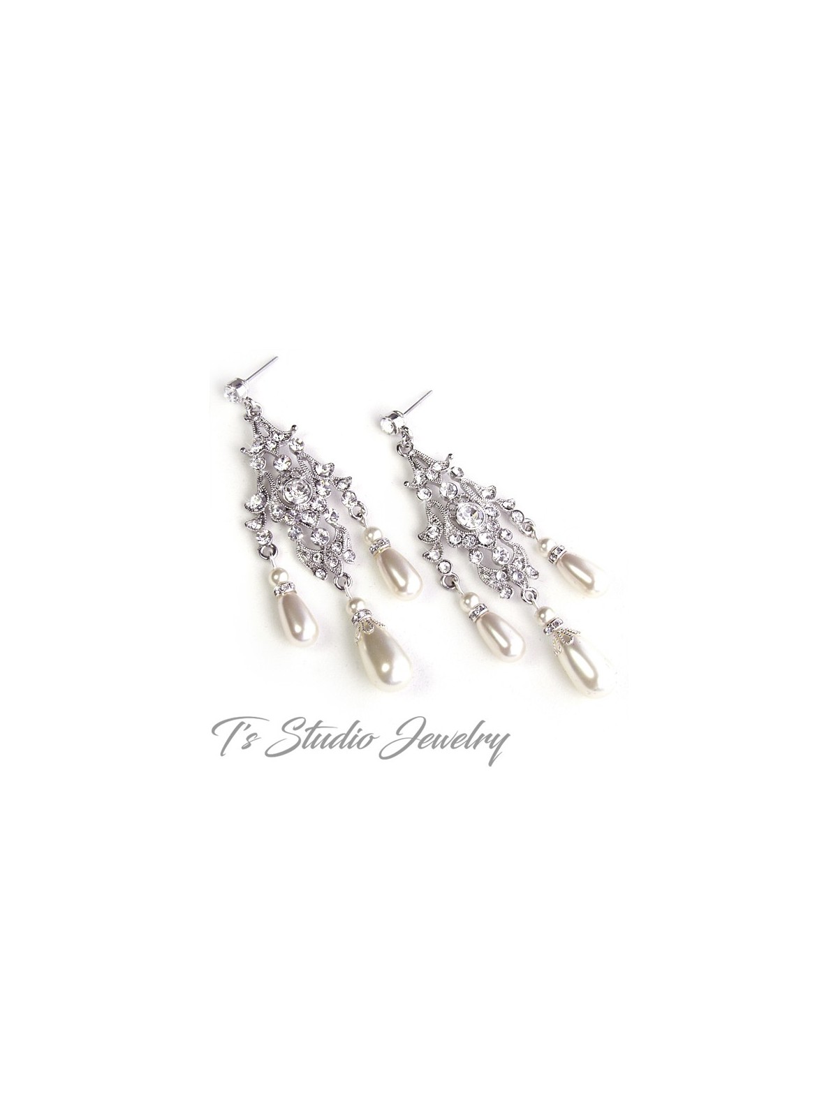 Vintage Style Rhinestone Crystal and Pearl Chandelier Bridal Earrings