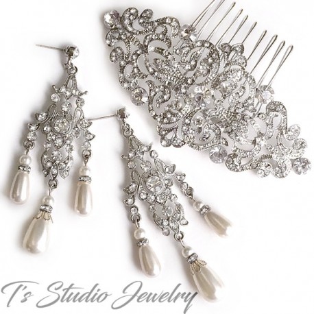 Vintage Crystal and Pearl Bridal Earrings & Hair Comb