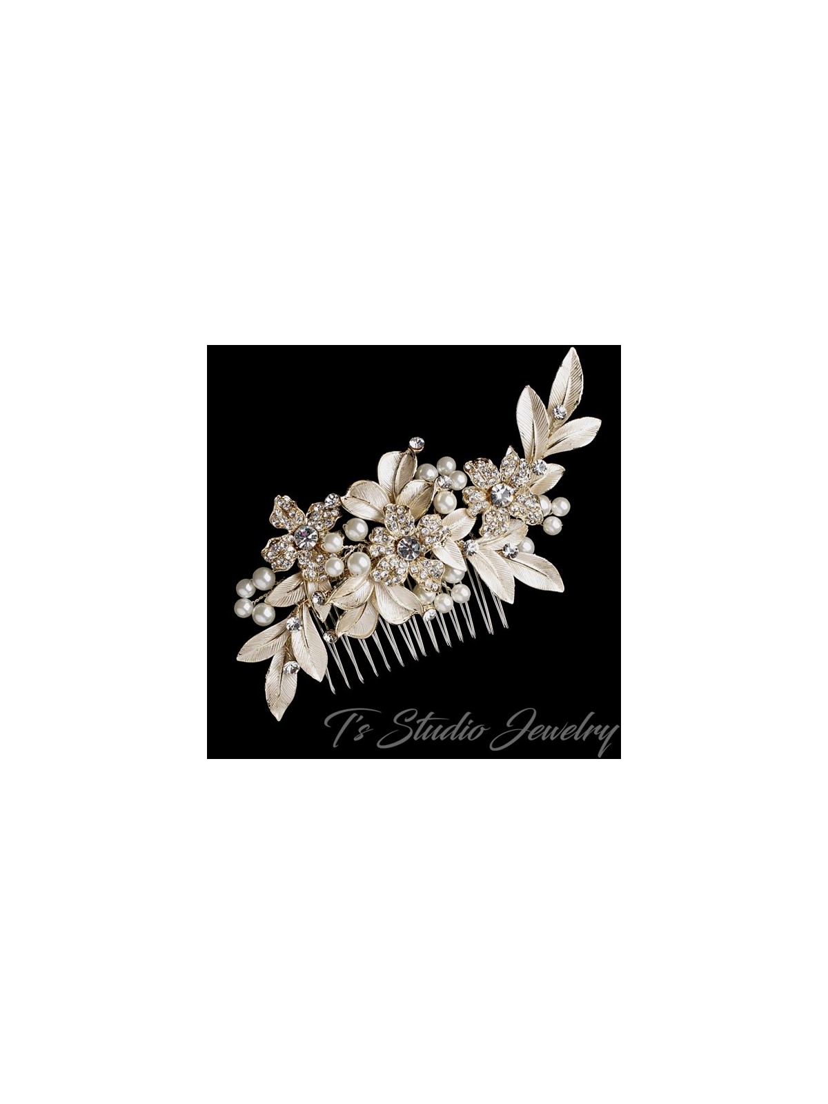 Gold Pearl & Rhinestone Flower Leaf Hair Comb