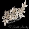 Gold Pearl & Rhinestone Flower Leaf Hair Comb