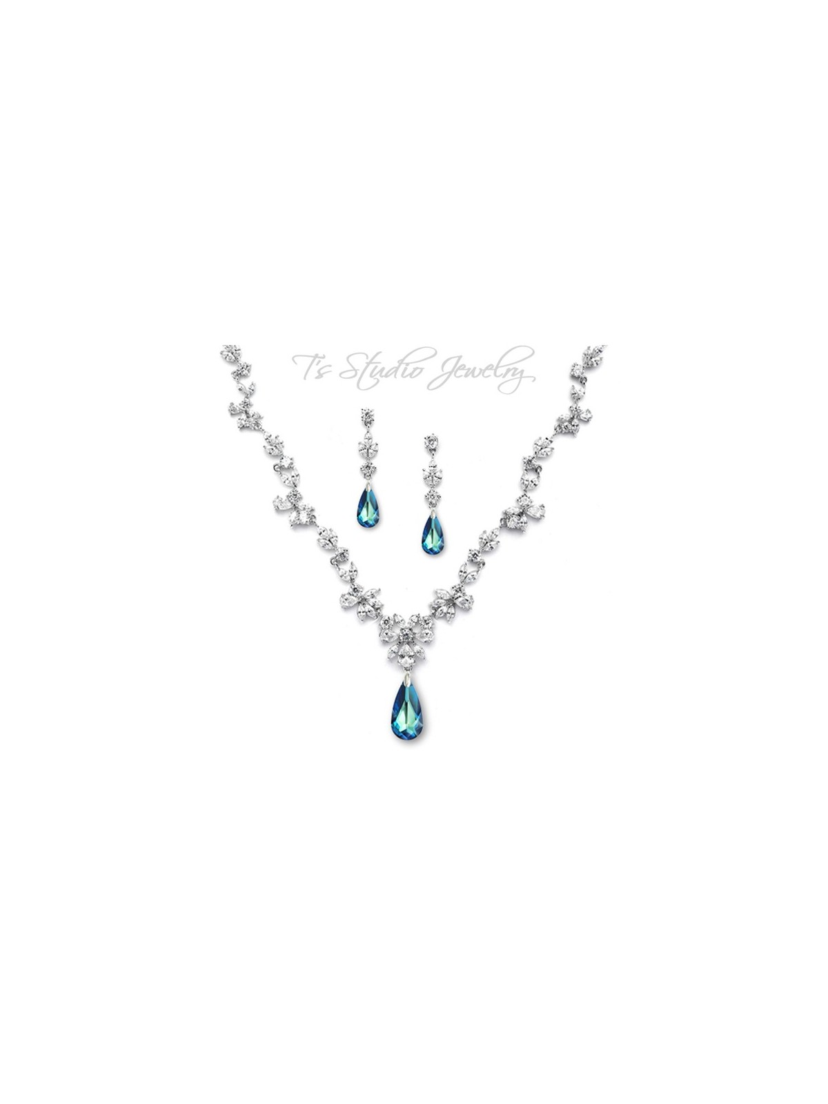 CZ Something Blue Crystal Necklace Earring Set