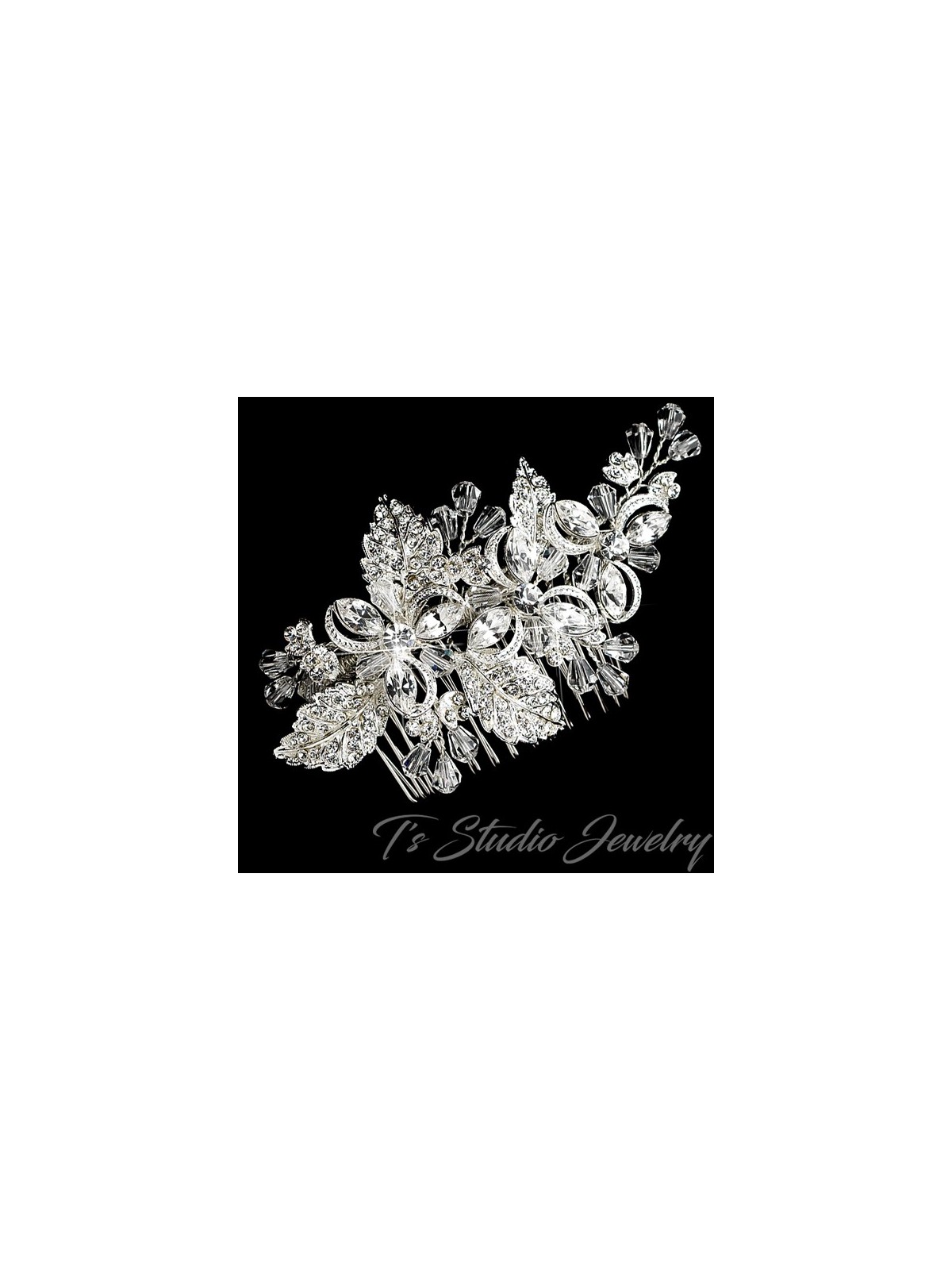 Silver Clear Rhinestone & Crystal Floral Bridal Hair Comb