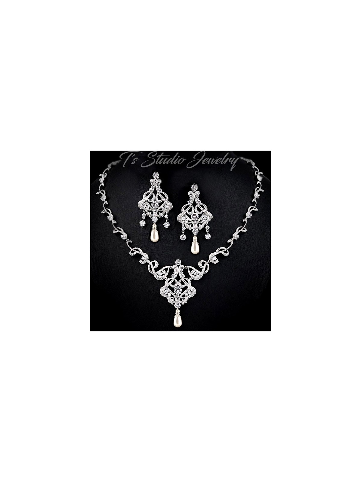 CZ Pave Pearl Bridal Jewelry Set