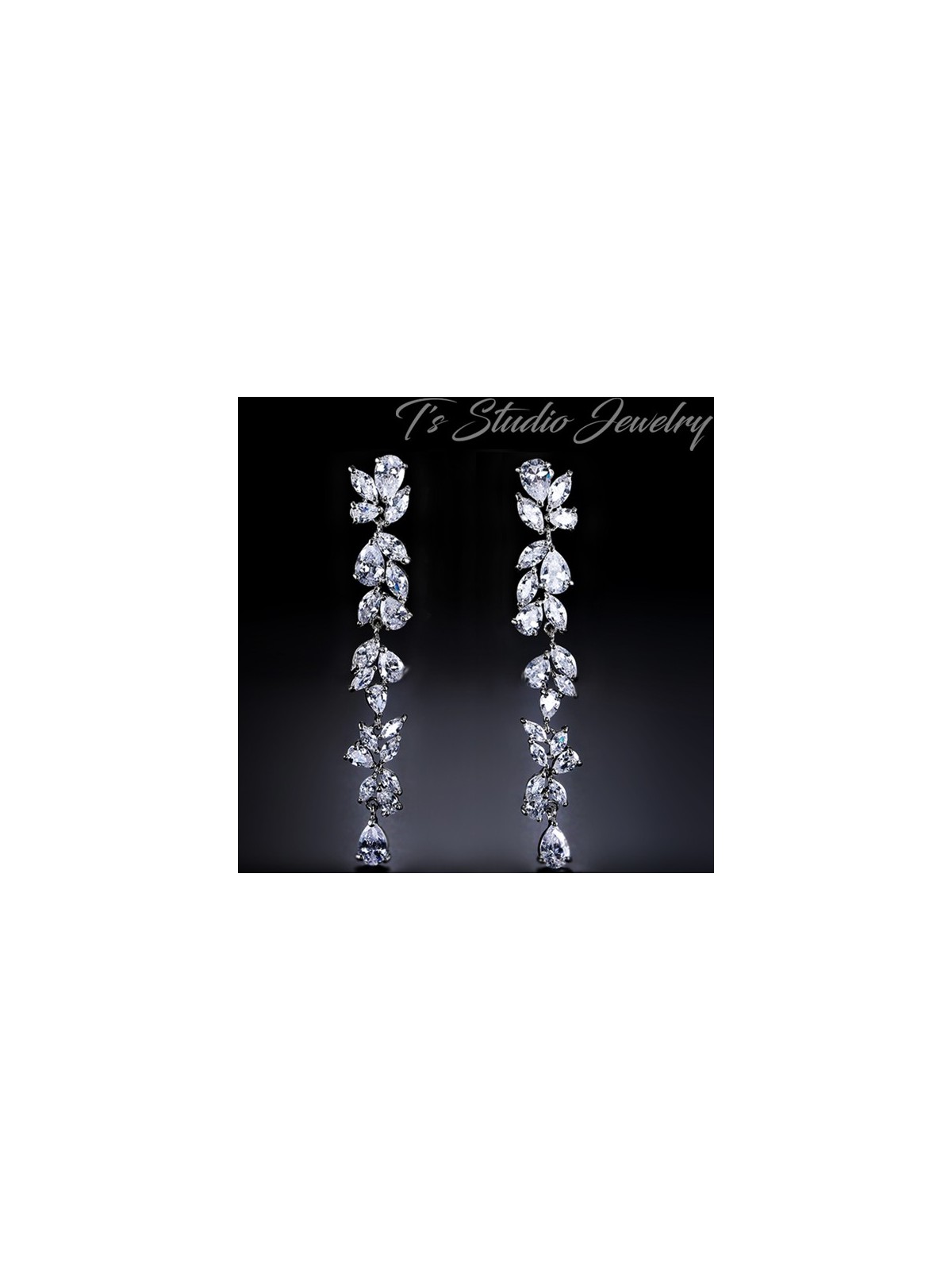 Long CZ Earrings - Cubic Zirconia Shoulder Duster Bridal Earings & Bracelet Set