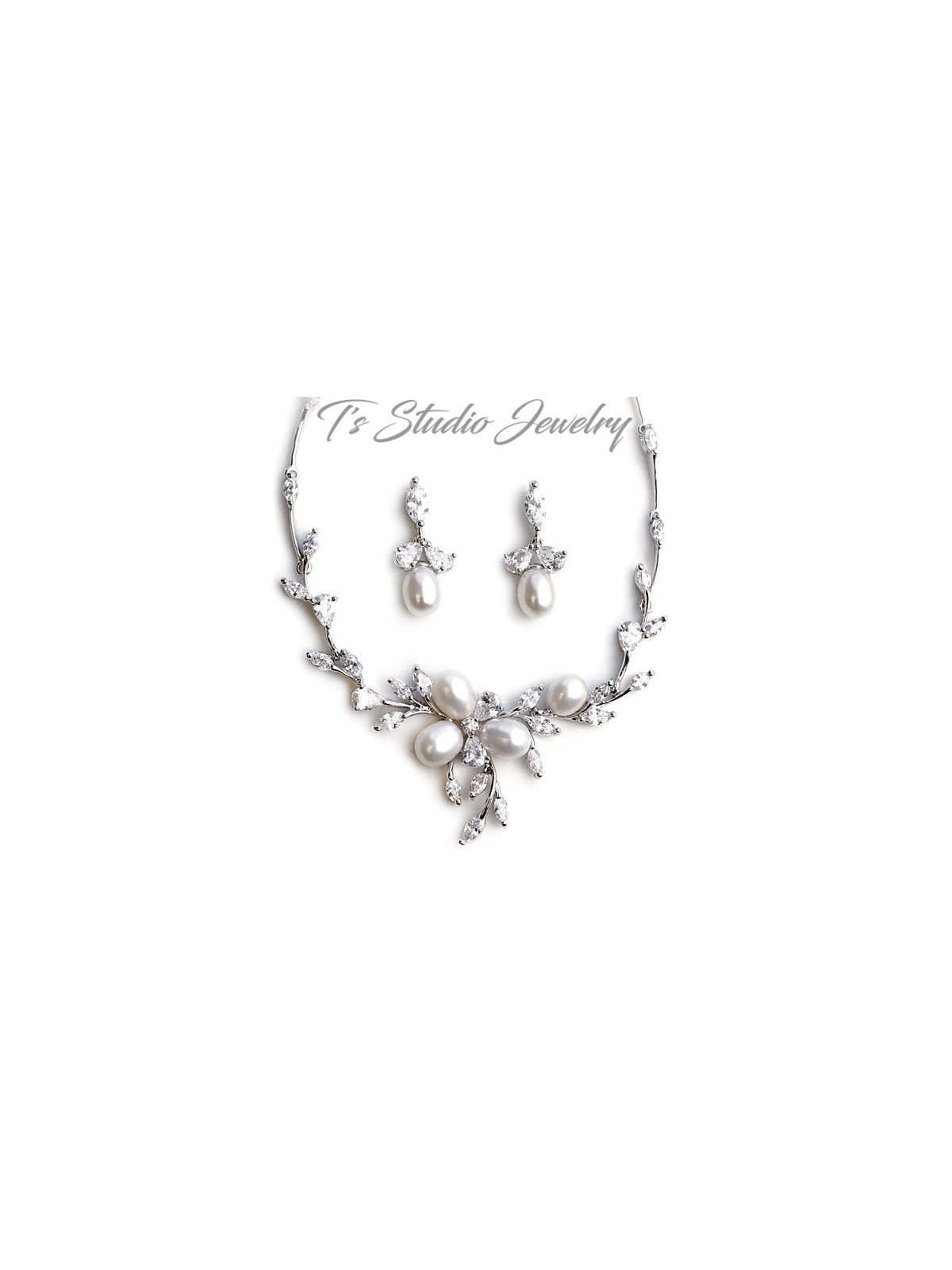 Freshwater Pearl Necklace Earrings Bracelet Bridal Jewelry Set