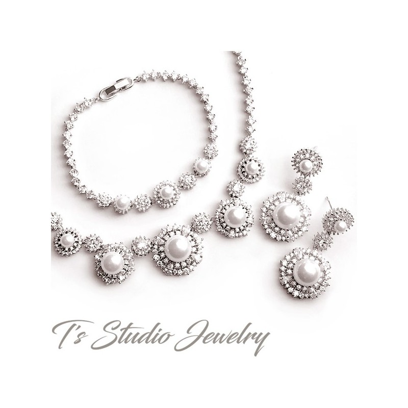 Round Pearl Drop Bridal Necklace & Earrings Set