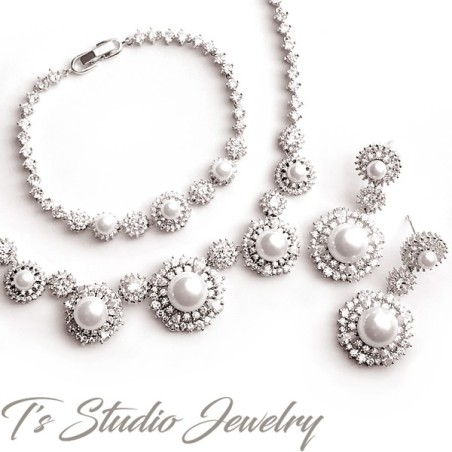Pearl Bridal Necklace, Bracelet & Earrings Set