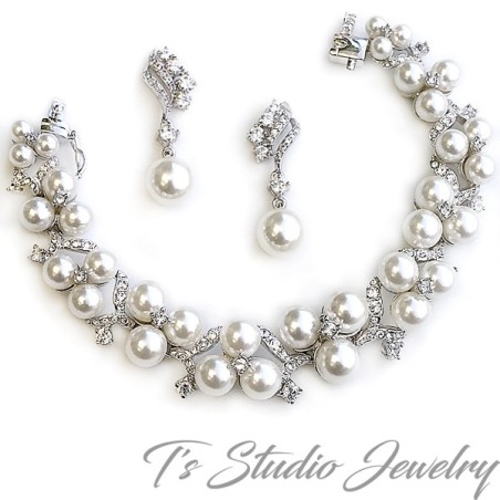Pearl and CZ Bridal Bracelet & Earrings