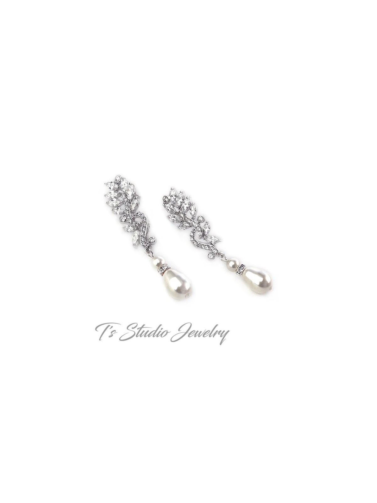 Marquise Leaf CZ Crystal Pearl Bridal Earrings