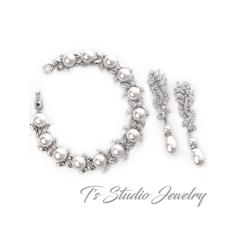 Marquise Leaf CZ Crystal Pearl Bridal Earrings