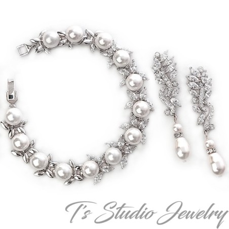 Marquise CZ Pearl Bridal Bracelet & Earrings