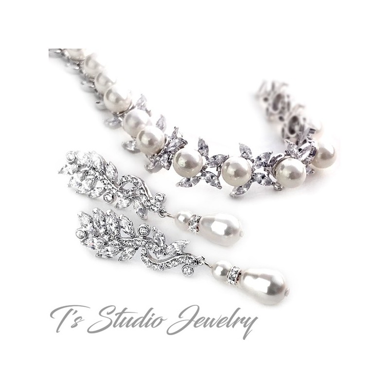 Marquise Leaf CZ Crystal Pearl Bridal Earrings Marquise Leaf CZ Crystal Pearl Bridal Earrings