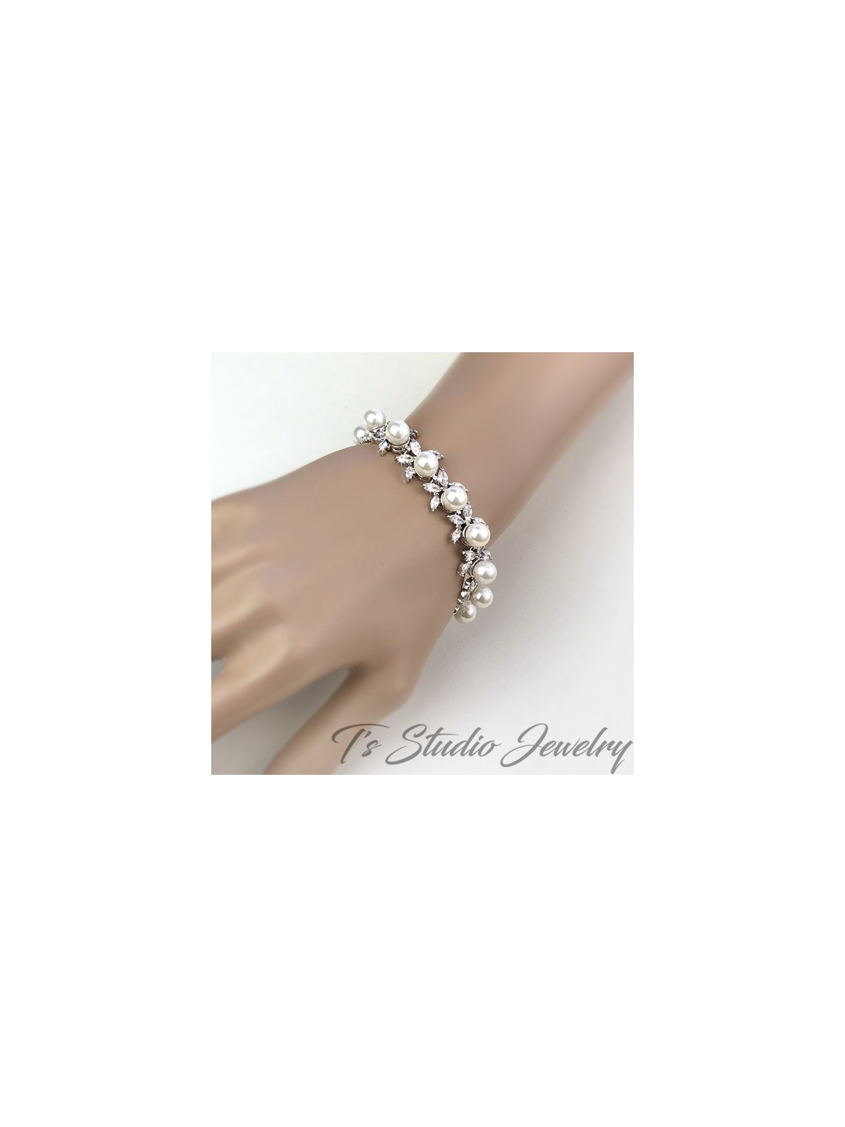 Marquise Leaf CZ Crystal Pearl Bridal Earrings