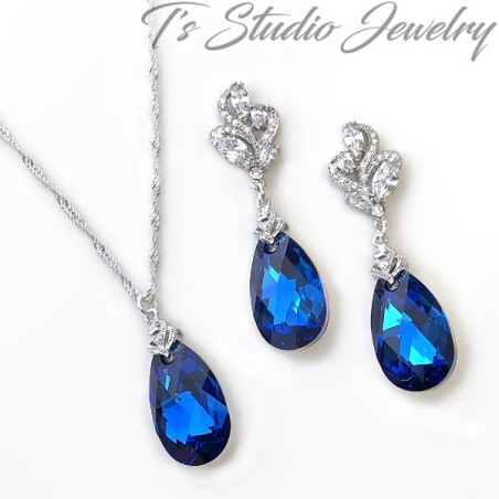 Sapphire Cobalt Blue Crystal Necklace Earrings Set