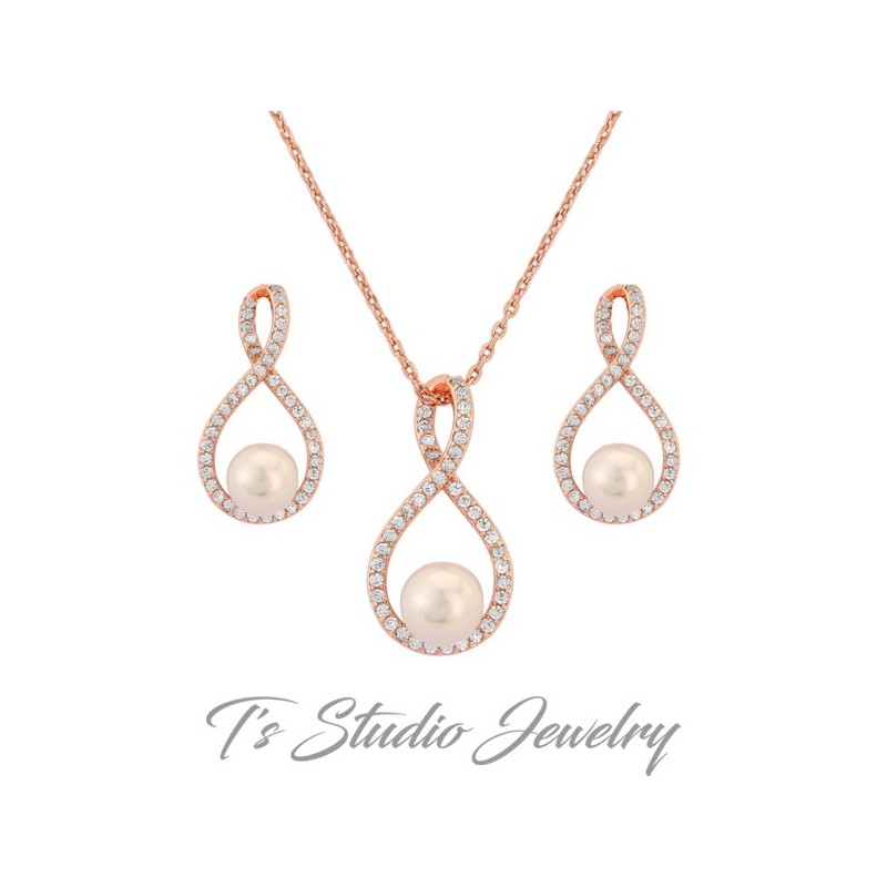 Infiniy CZ and Pearl Necklace & Earrings Set