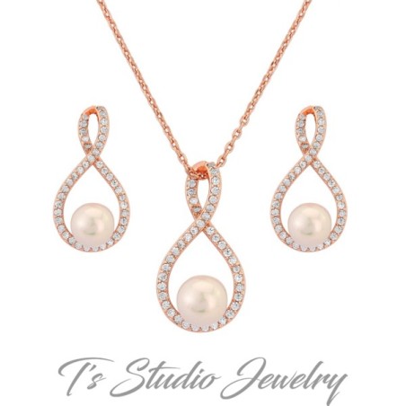 Rose Gold Infinity Pearl Necklace & Earrings Set