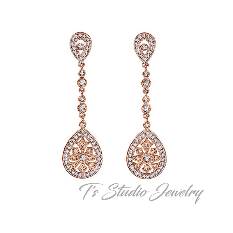 Rose Gold Great Gatsby Deco Vintage, Long Chandelier Style Earrings Rose Gold