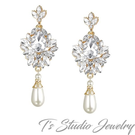Vintage Gold Pearl Bridal Chandelier Earrings