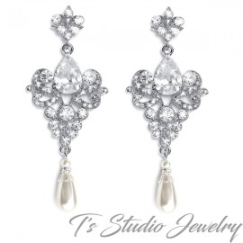 Vintage CZ and Pearl Bridal Chandelier Earrings