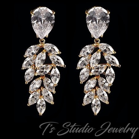 Gold Marquise & Pear CZ Bridal Earrings