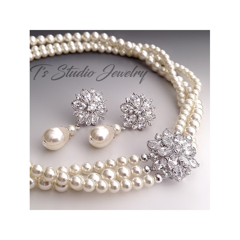 Pearl Bridal Necklace with Crystal Flower Accent Pearl Bridal Necklace with Crystal Flower Accent