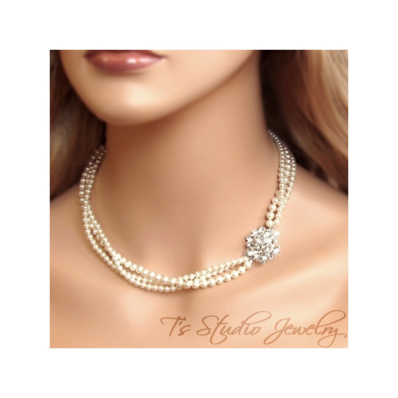 Pearl Bridal Necklace with Crystal Flower Accent