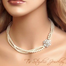 Pearl Choker Bridal Necklace with Crystal Flower
