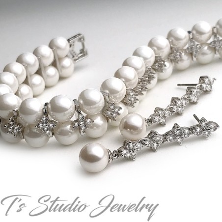 CZ & Pearl Bridal Bracelet Earrings Set