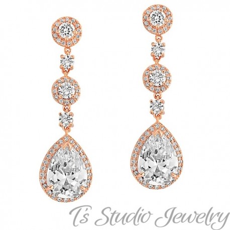 Gold Teardrop CZ Bridal Chandelier Earrings & Matching Necklace