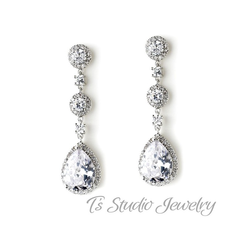 Teardrop CZ Bridal Chandelier Earrings Cubic Zirconia Crystal