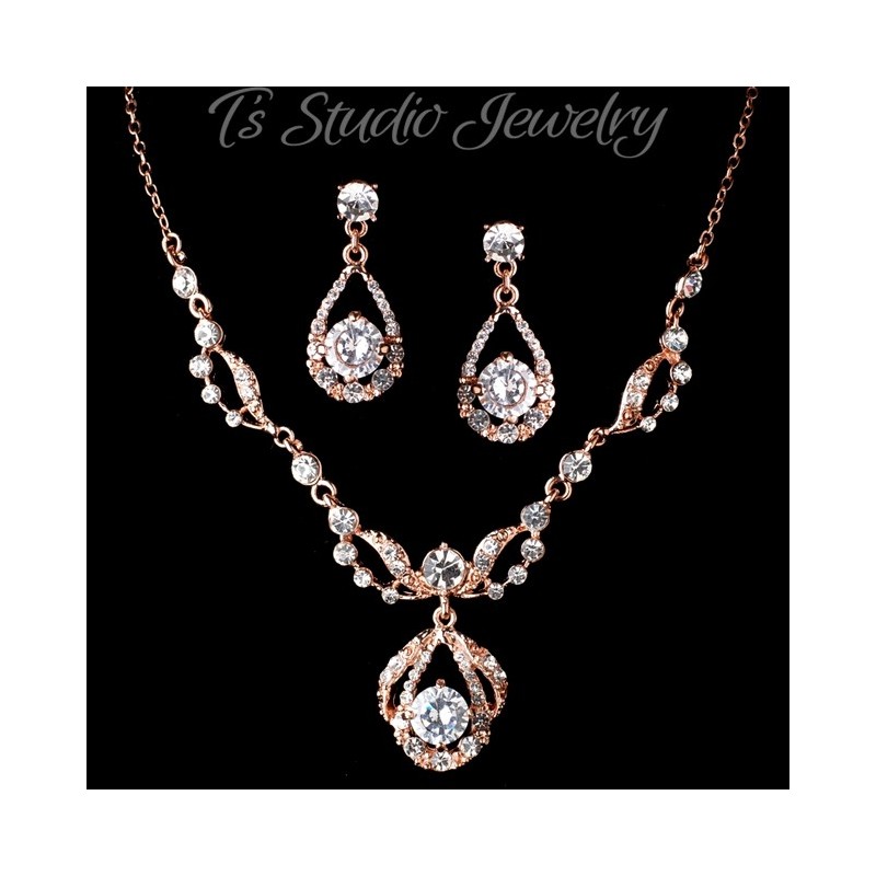Rose Gold Necklace & Earrings Bridal Jewelry Set