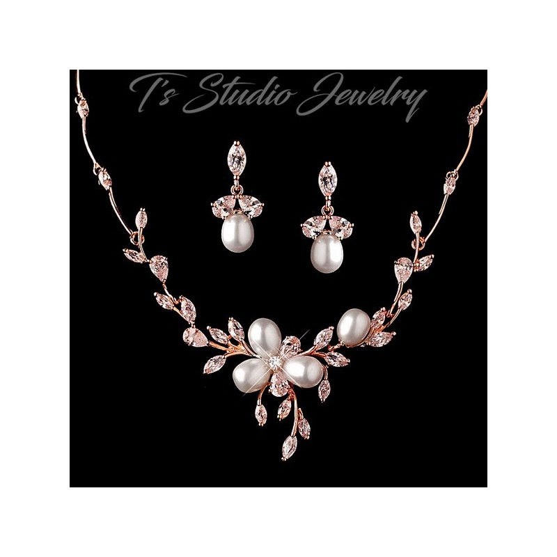 Freshwater Pearl Gold Necklace & Earrings Bridal Jewelry Set