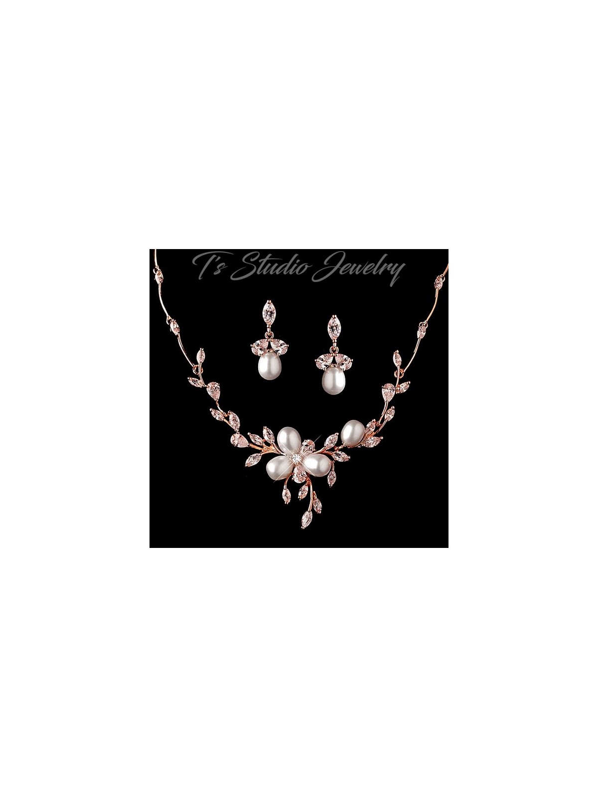 Freshwater Pearl Gold Necklace & Earrings Bridal Jewelry Set