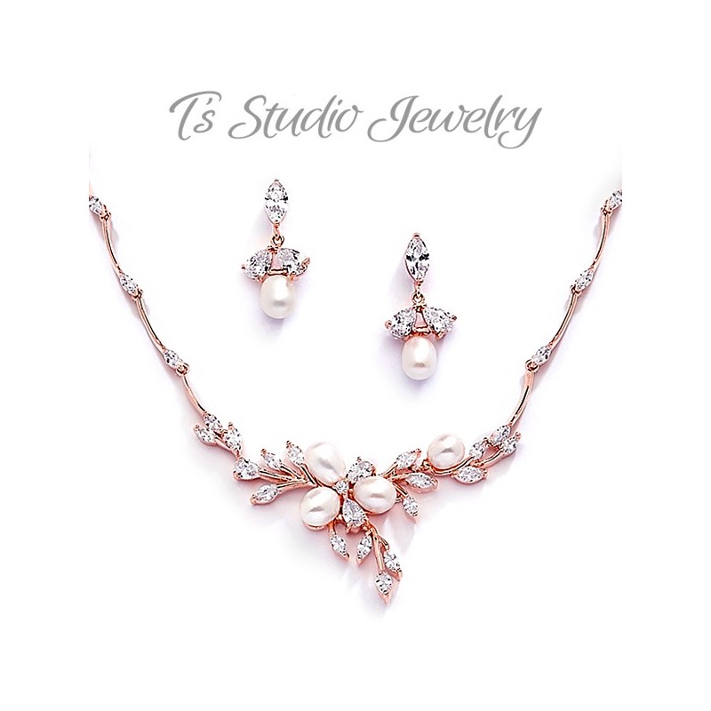 Freshwater Pearl Gold Necklace & Earrings Bridal Jewelry Set