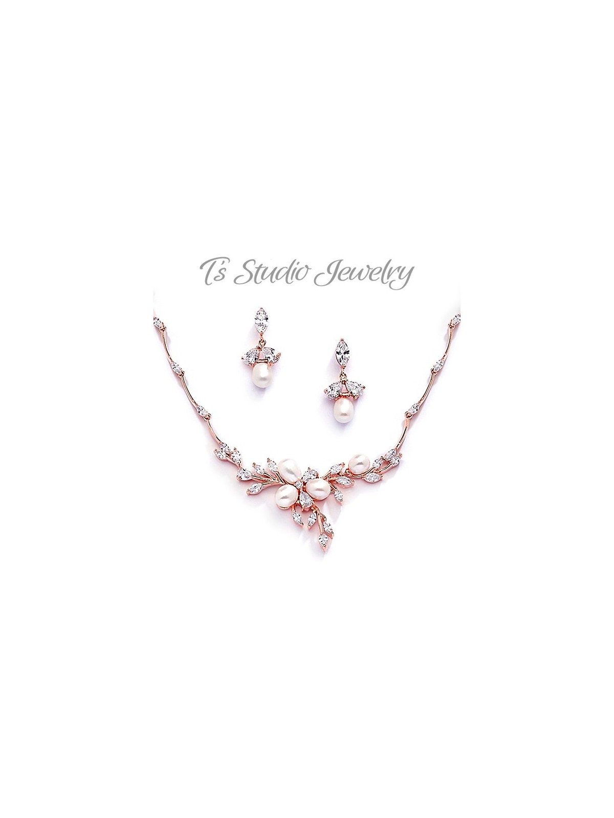 Freshwater Pearl Gold Necklace & Earrings Bridal Jewelry Set
