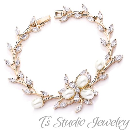 Gold Freshwater Pearl Bridal Wedding Bracelet
