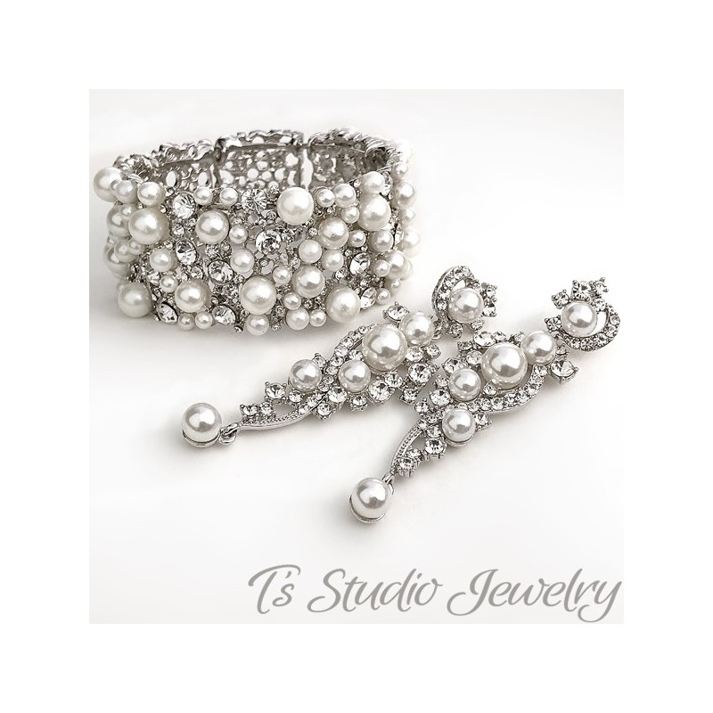 Pearl and Crystal Bridal Cuff Bracelet