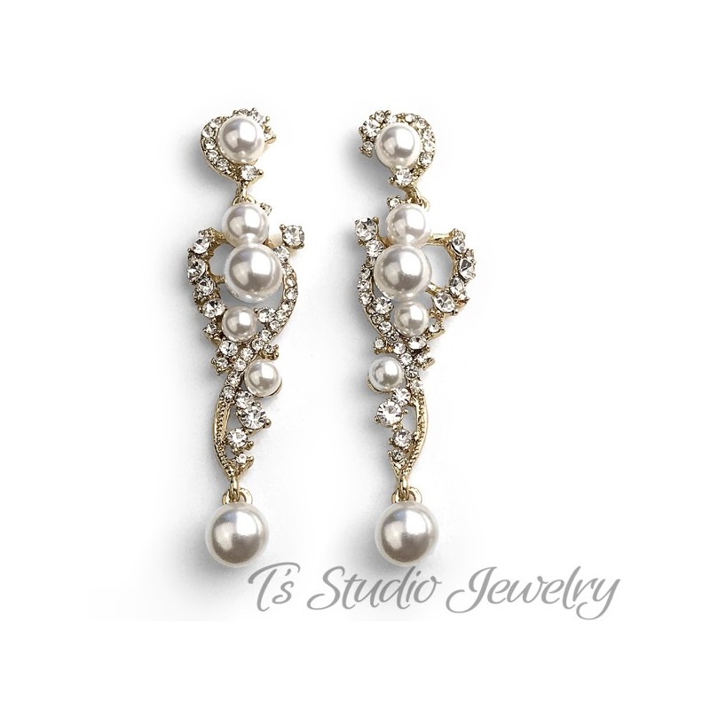 Long Pearl & Crystal Wedding Earrings