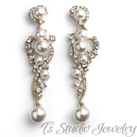 Long Gold Pearl & Crystal Wedding Earrings